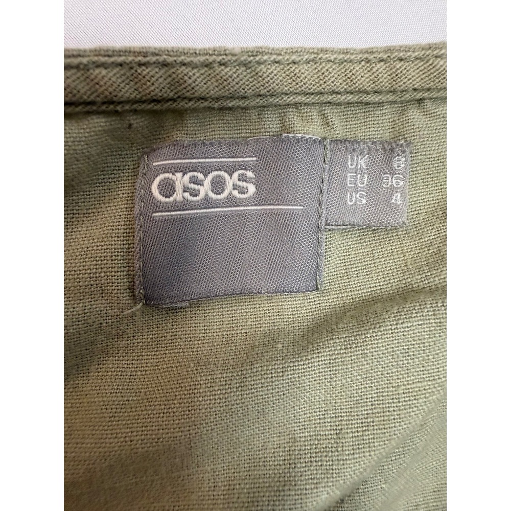 ASOS Sage Green Cotton Linen Button Down Mini Sun Dress with Pockets US 4 - Picture 2 of 4